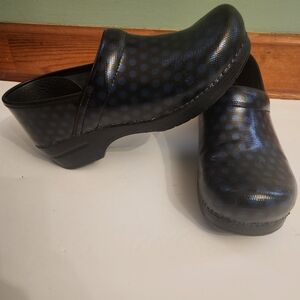 Dansko Blue Polka Dot Patent Leather Professional Clogs.